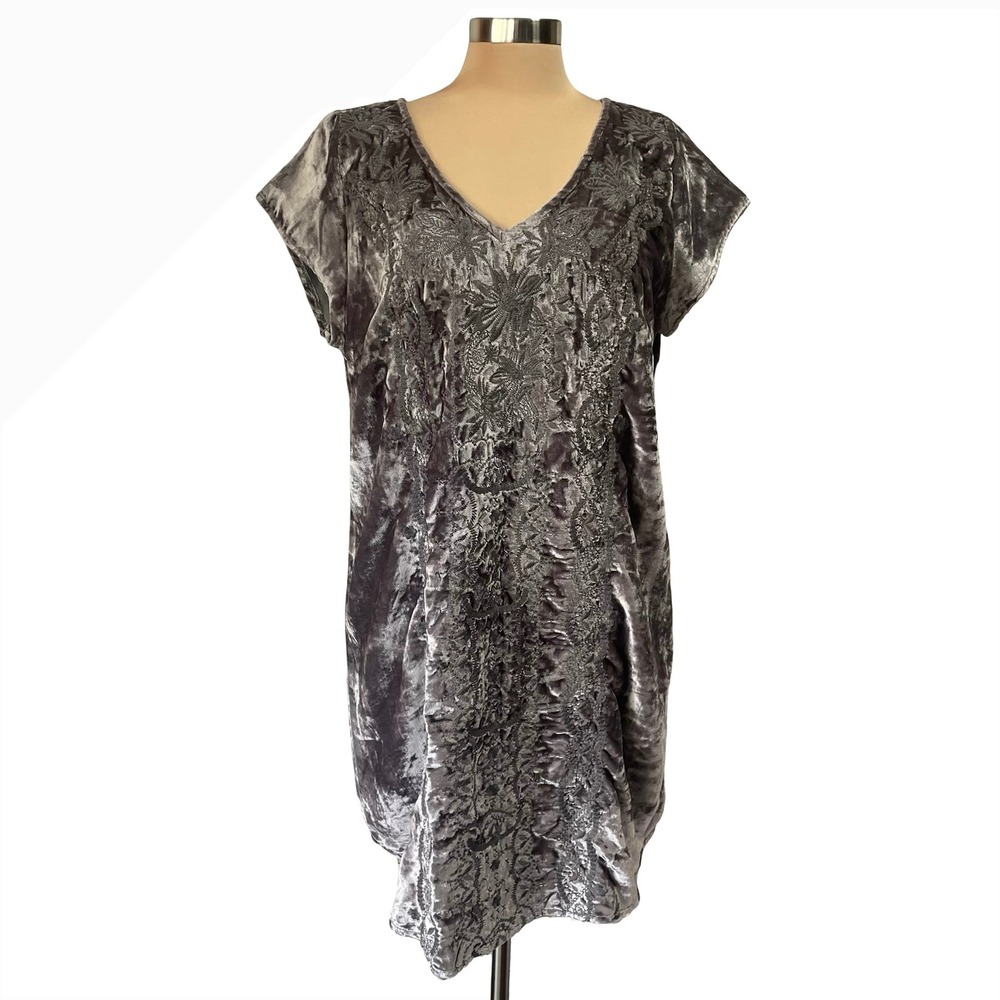 Soft Surroundings Gray Velvet Embroidered V-Neck Tunic Shift Dress‎ Sz PL Boho